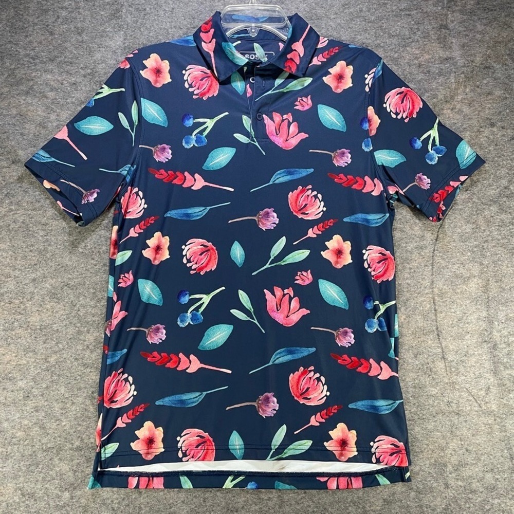 Sosik Shirt Men's Size Small Blue Golf Polo Short Sleeve Floral Hawaiian